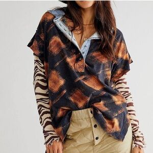 We the Free Statement Gone Rogue Mixed Print Long Sleeve Henley Top Size Small